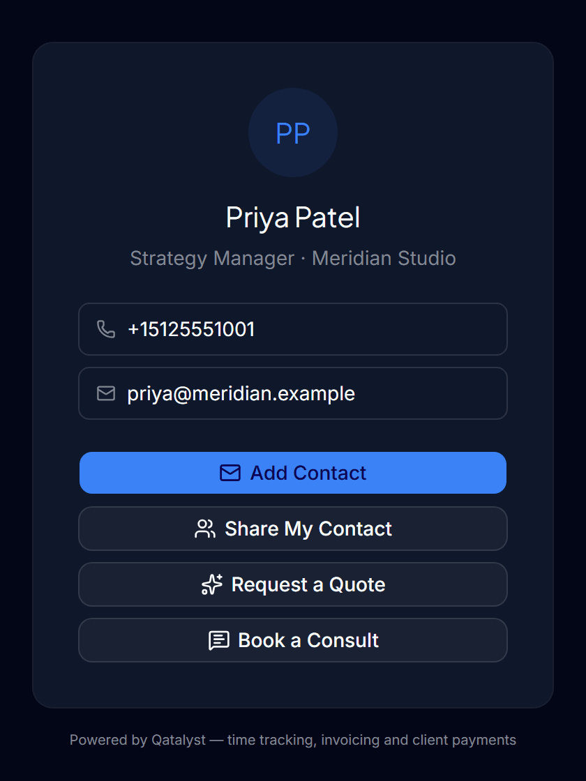 A digital business card page: name, role, phone and email, with buttons to add the contact, share details back, request a quote or book a consult.