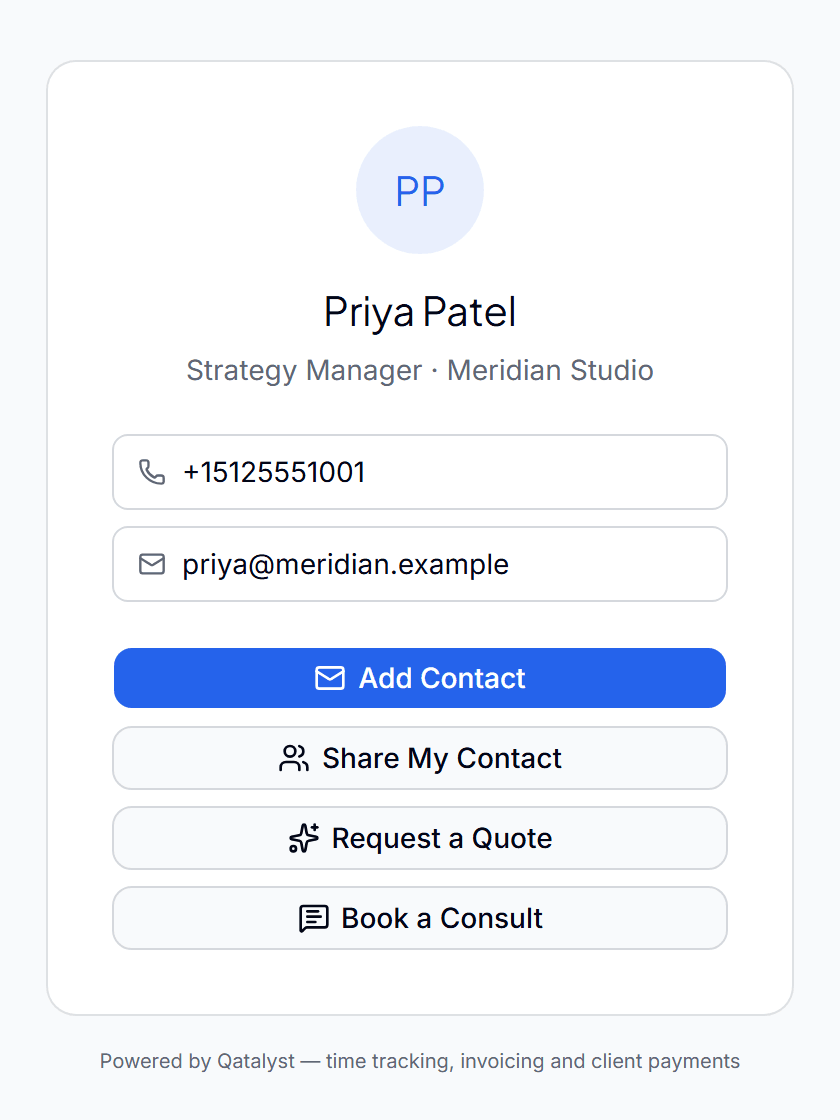 A digital business card page: name, role, phone and email, with buttons to add the contact, share details back, request a quote or book a consult.