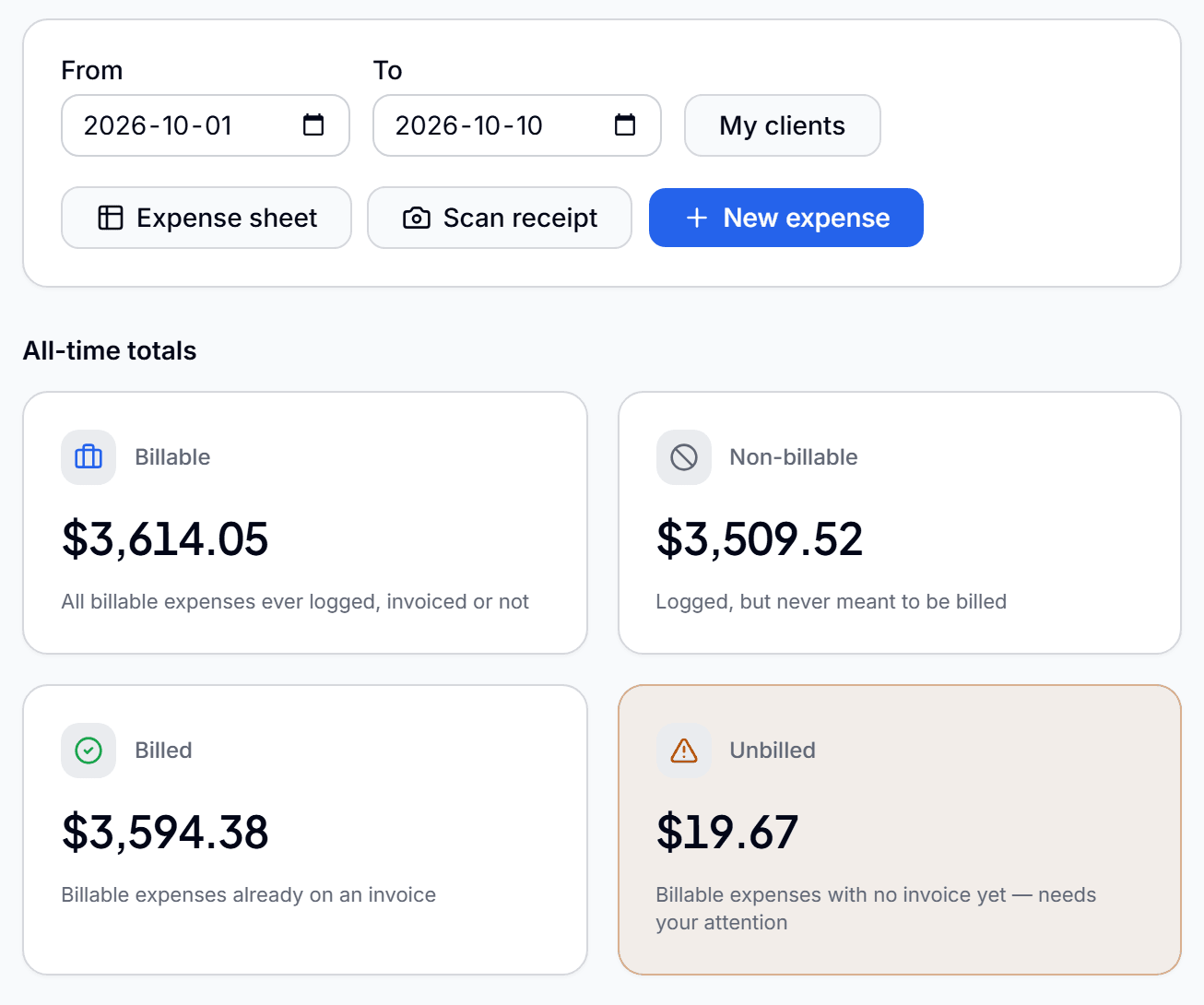 The expenses screen: buttons to scan a receipt or add an expense, above billable, non-billable, billed and unbilled expense totals.