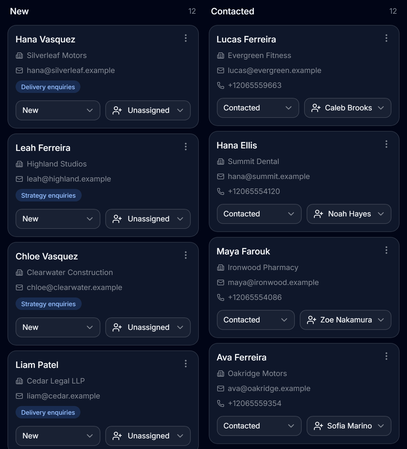 The leads pipeline: enquiries as cards in New and Contacted columns, each with the form it came from and who it is assigned to.
