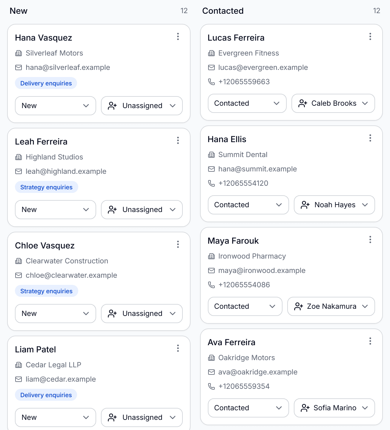 The leads pipeline: enquiries as cards in New and Contacted columns, each with the form it came from and who it is assigned to.