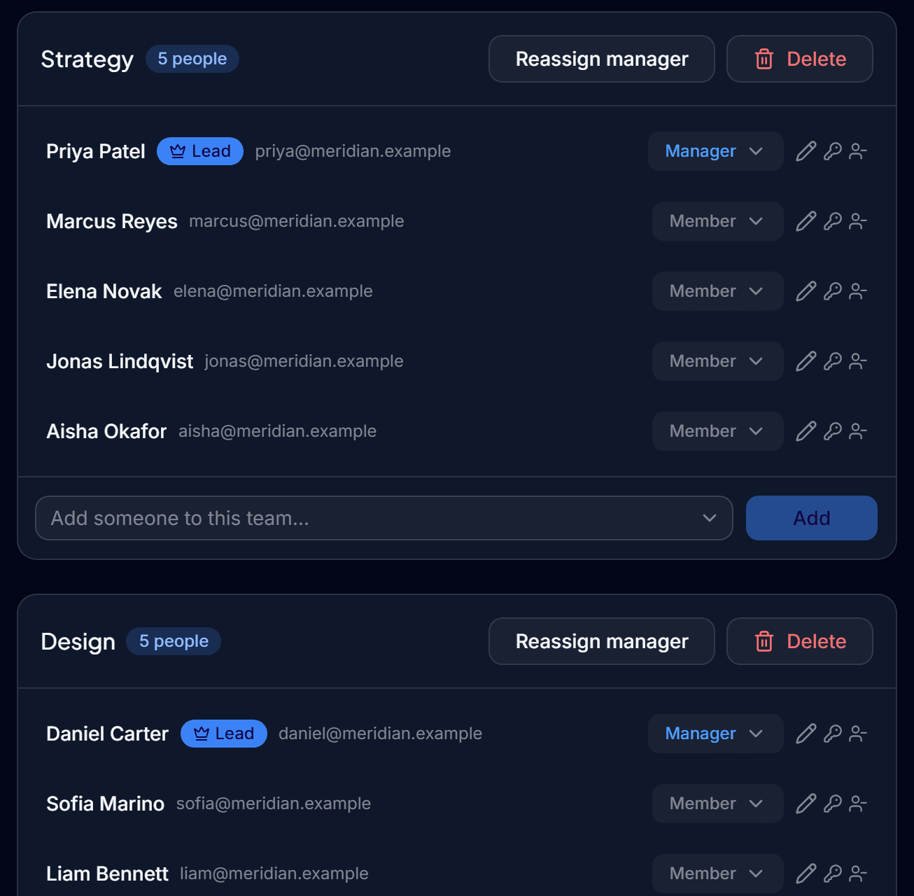 The members screen: teams with their lead, each person's role, and a field to add someone to a team.