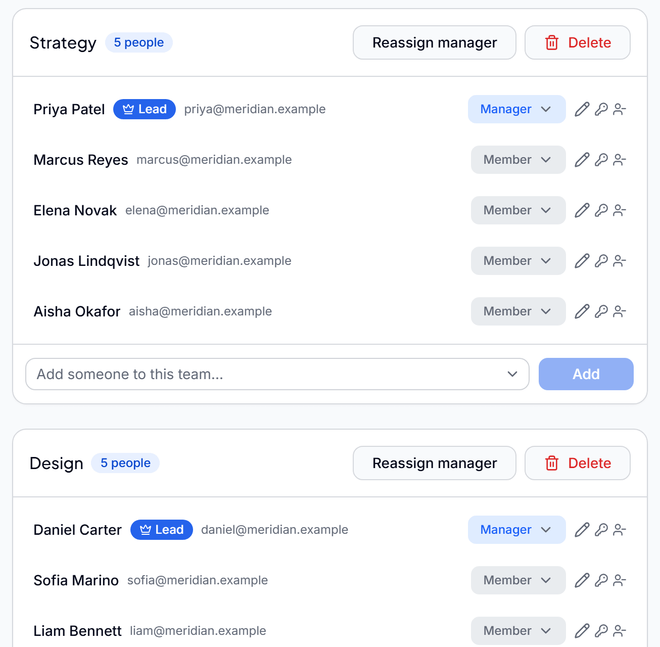 The members screen: teams with their lead, each person's role, and a field to add someone to a team.
